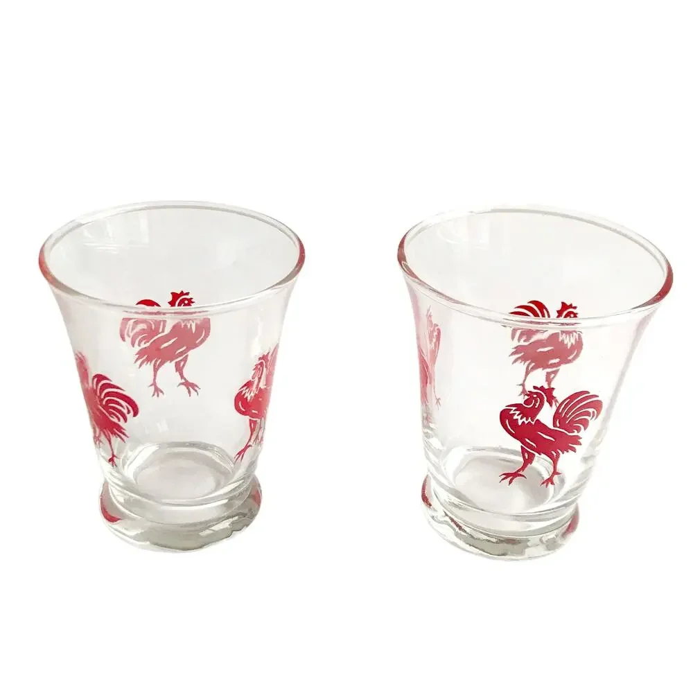 Vintage MCM Rooster Juice Glasses 2 Piece Set Red Clear Glass Drinkware Cups